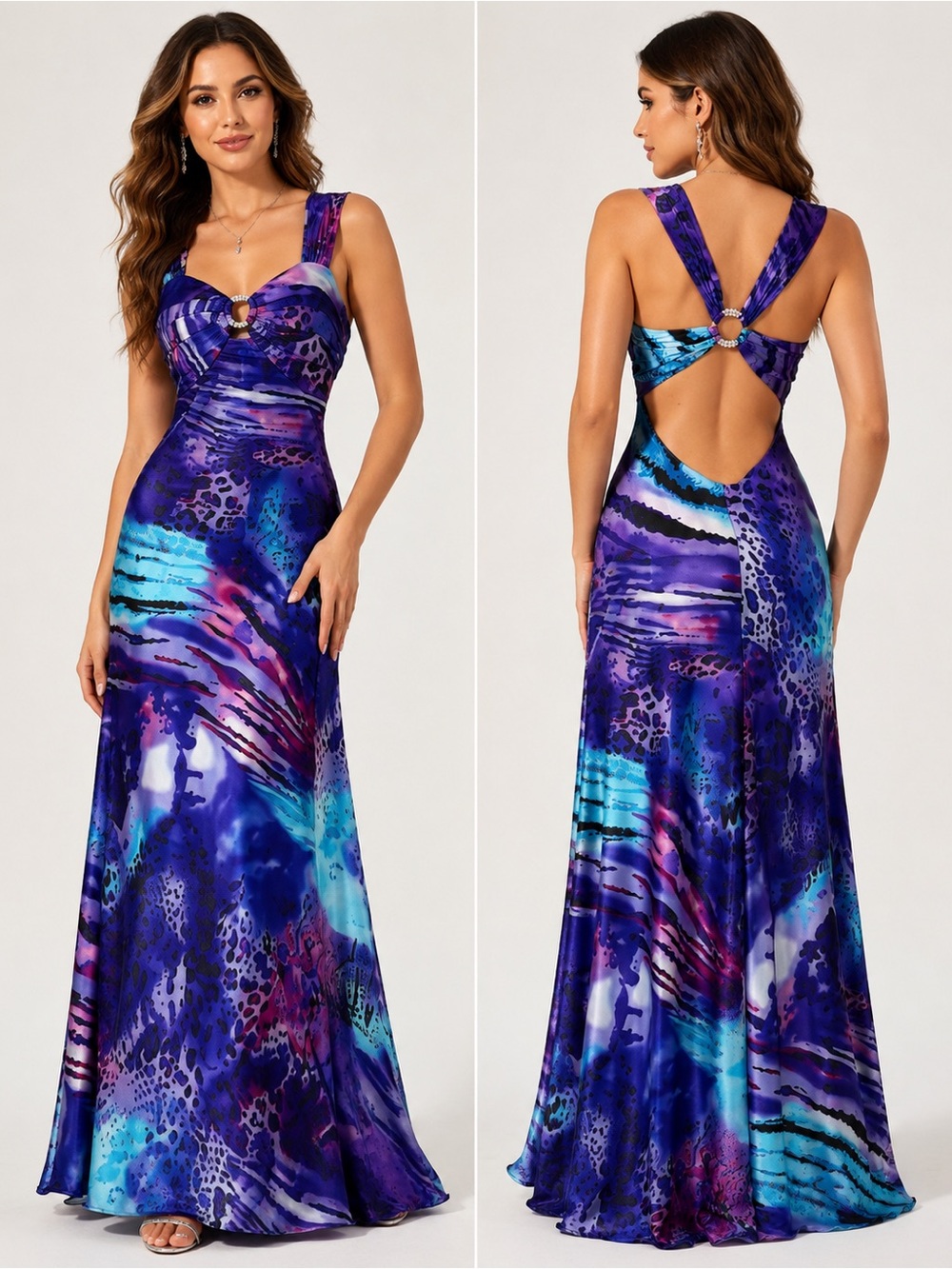 Jolie Purple Blue Animal Print Mermaid Open Back Formal Gown Dress